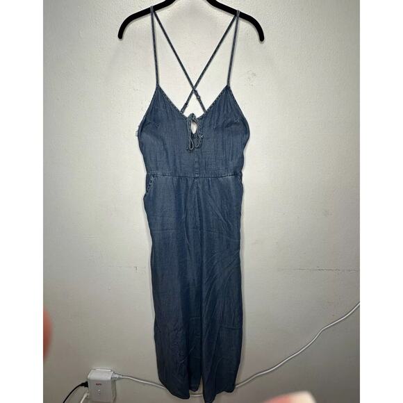 Lovestitch Medium Wash Blue Wide Leg Spaghetti Strap V Neck Front Tie Jumpsuit S - Picture 5 of 16